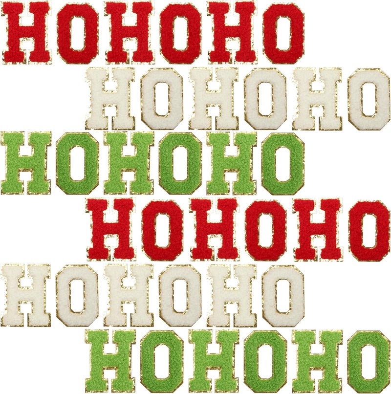 mortd 36 Pcs Christmas HOHOHO Iron On Patches, Red White Green Chenille Glitter Letter Embroidered Patches HOHOHO Sew on Iron on Embroidered for Xmas DIY Craft Clothing Bags Decor Party Supplies - Image 1